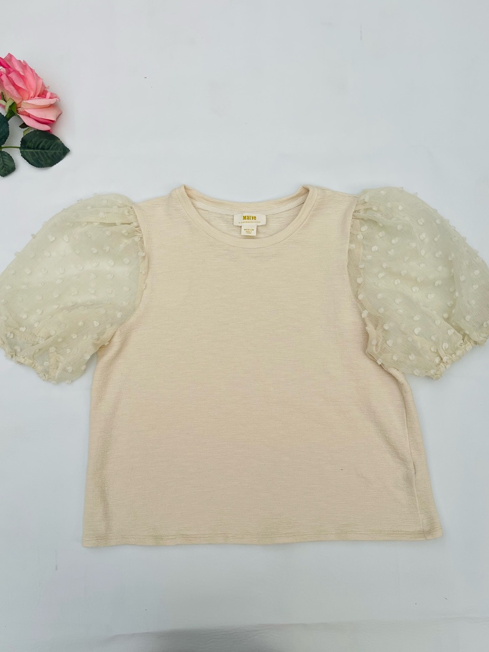 Maeve by Anthropologie Cream Swiss Dot Puff Sleeve Knit Top M